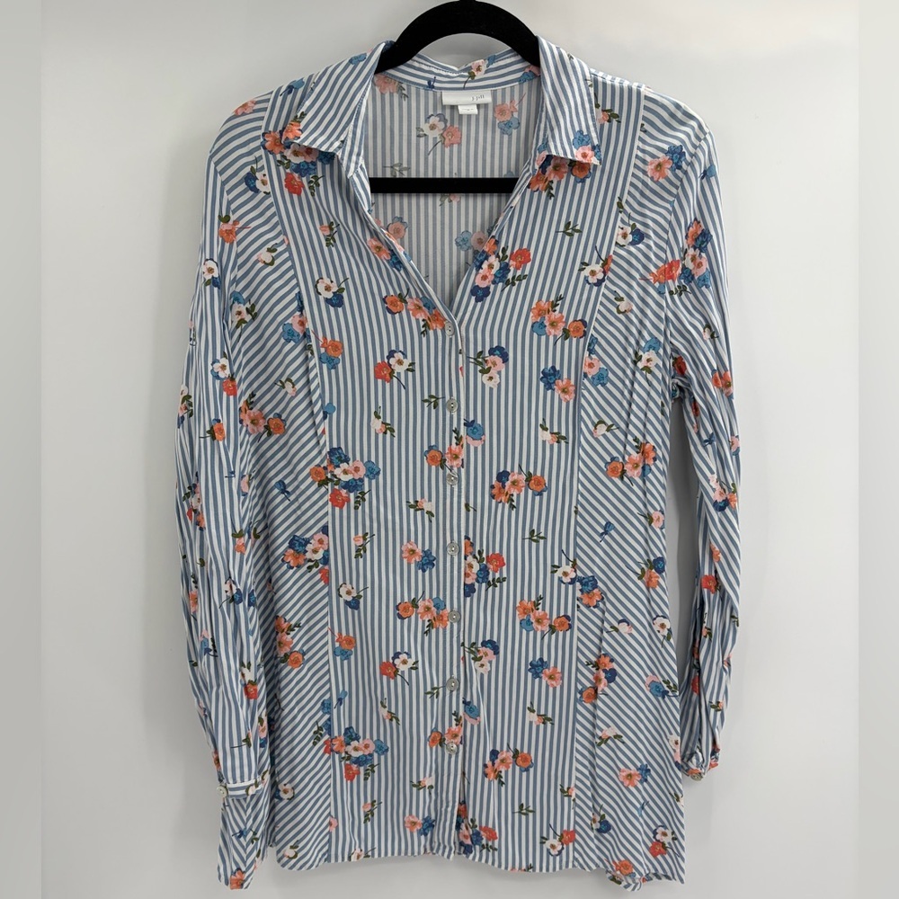 J. Jill Floral Striped Top with blue Pink floral Accents button up blouse medium